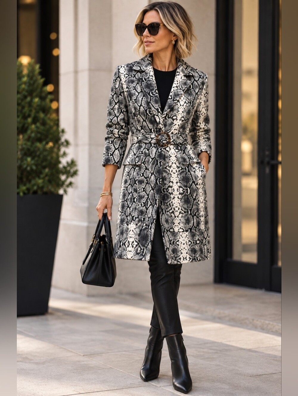 VEDA Python Snake Print Belted Coat Jacket Statement Size Small